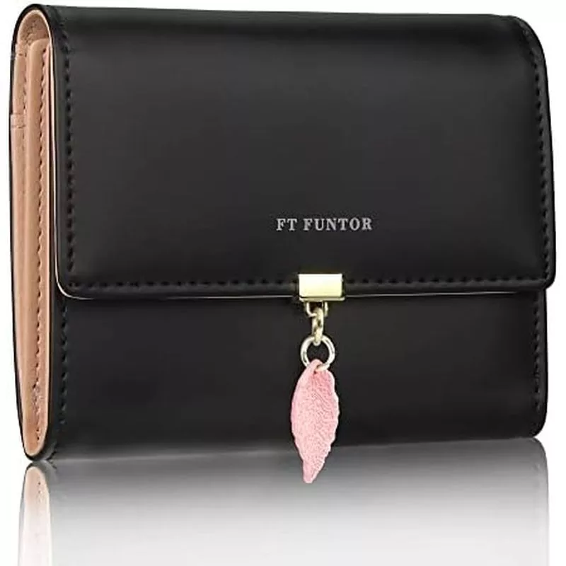 FT FUNTOR Ví RFID dành cho nữ, Hộp đựng thẻ lá gấp ba Ví nữ Đồng xu Túi dây kéo có cửa sổ ID Màu xanh lá cây