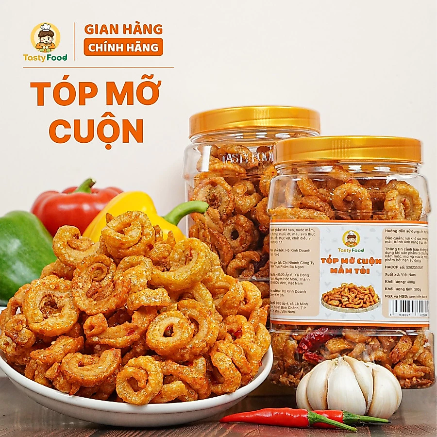 Tóp mỡ mắm tỏi cuộn  giòn Tasty Food - Hũ vuông 400g