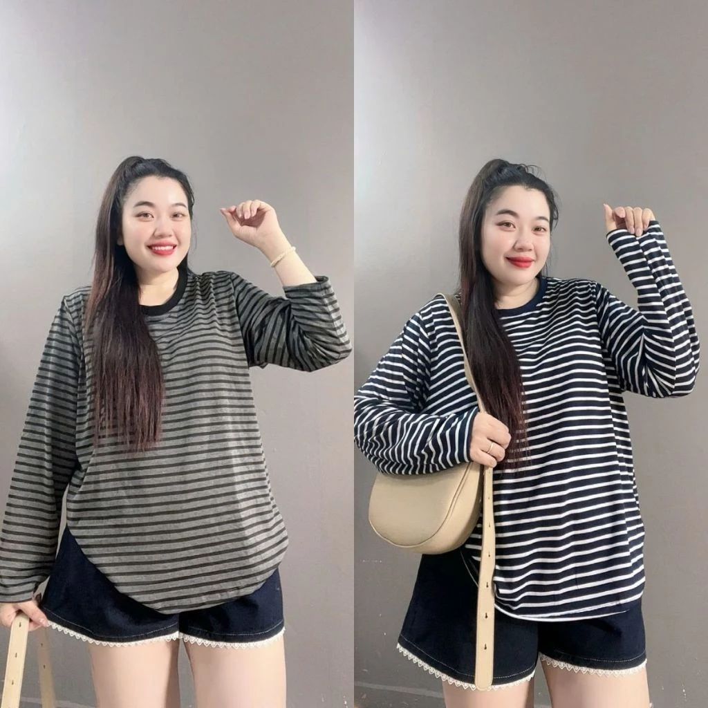 Áo Thun Nữ Bigsize–Dáng Rộng Dài Tay Kẻ Sọc, Chất Cotton Co Giãn Nhẹ, Thoáng Mát A296