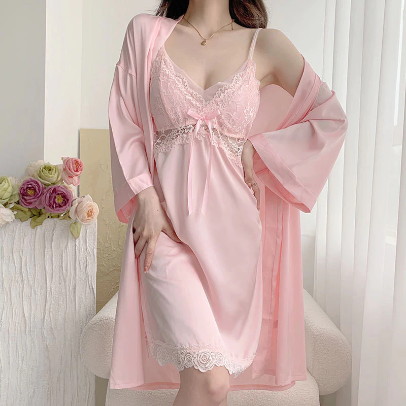Váy ngủ hai mảnh ren nơ bộ đồ ngủ nữ với bông pad ngực sling