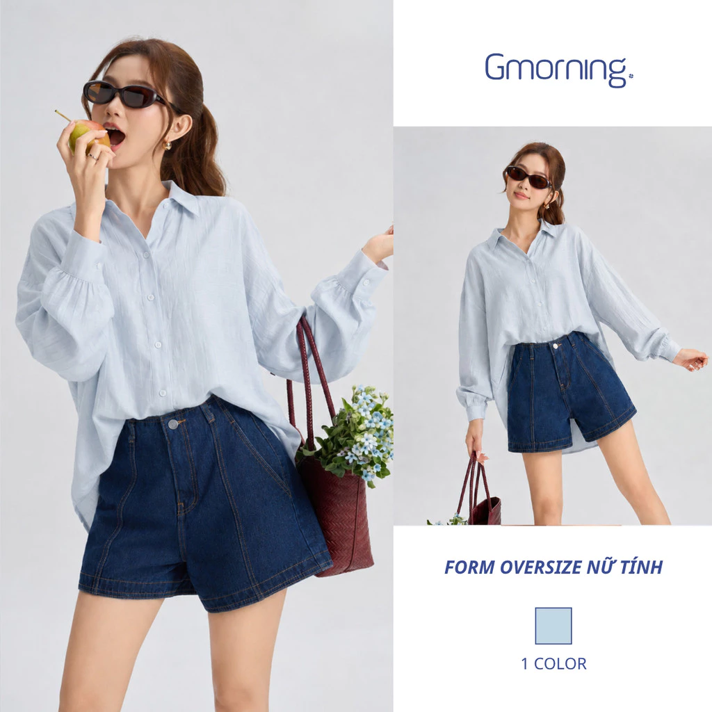 Áo Sơ Mi Nữ Gmorning Màu Xanh Pastel Form Oversize Phóng Khoáng - Sơ Mi Vải Tơ Tay Bồng Nữ Tính YAG06012 - YSHG06013