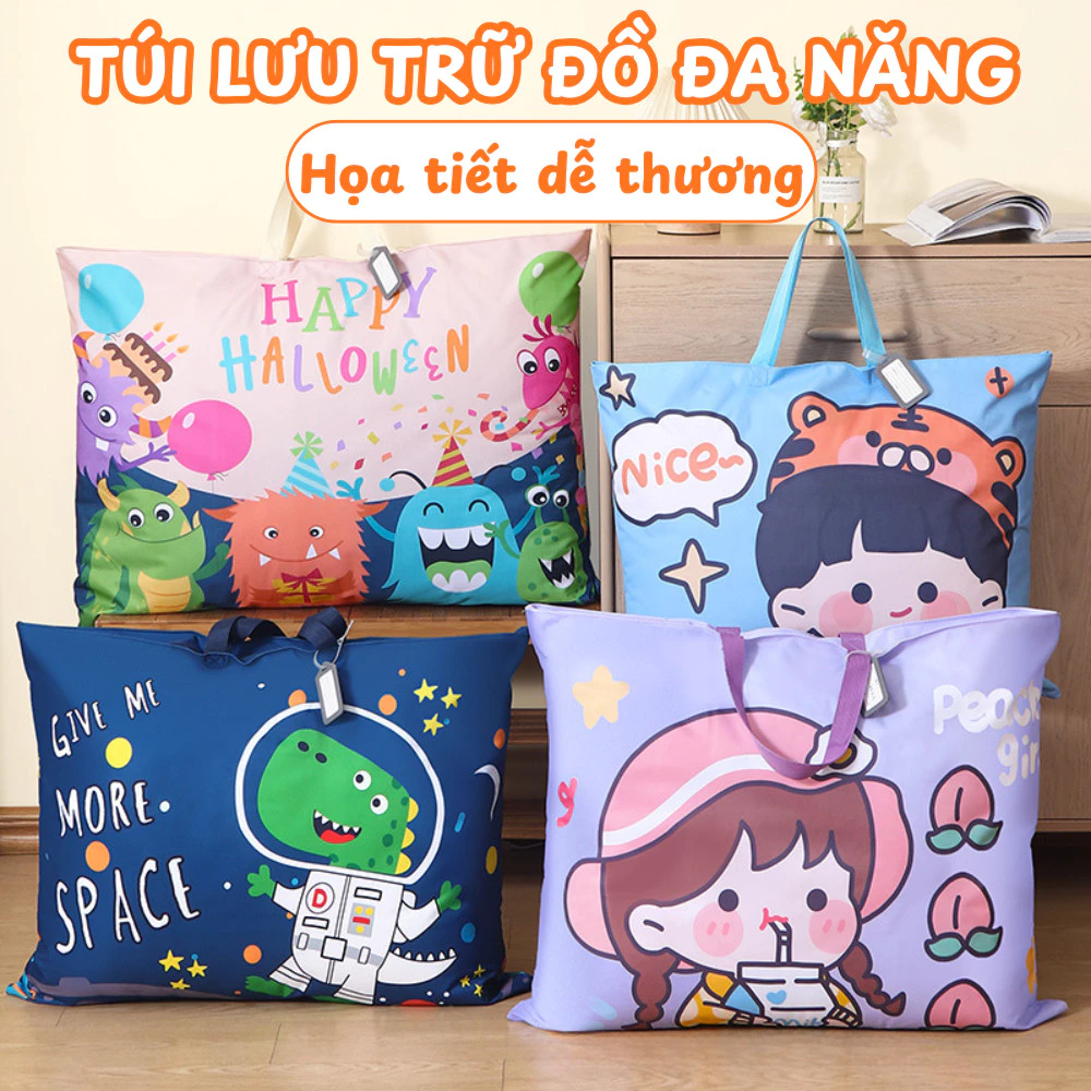Túi Đựng Chăn Màn Cỡ Lớn Hoạ Tiết Dễ Thương, Túi Đựng Đồ Đa Năng Kèm Quai Xách Chất Vải Oxford Chống Thấm Nước