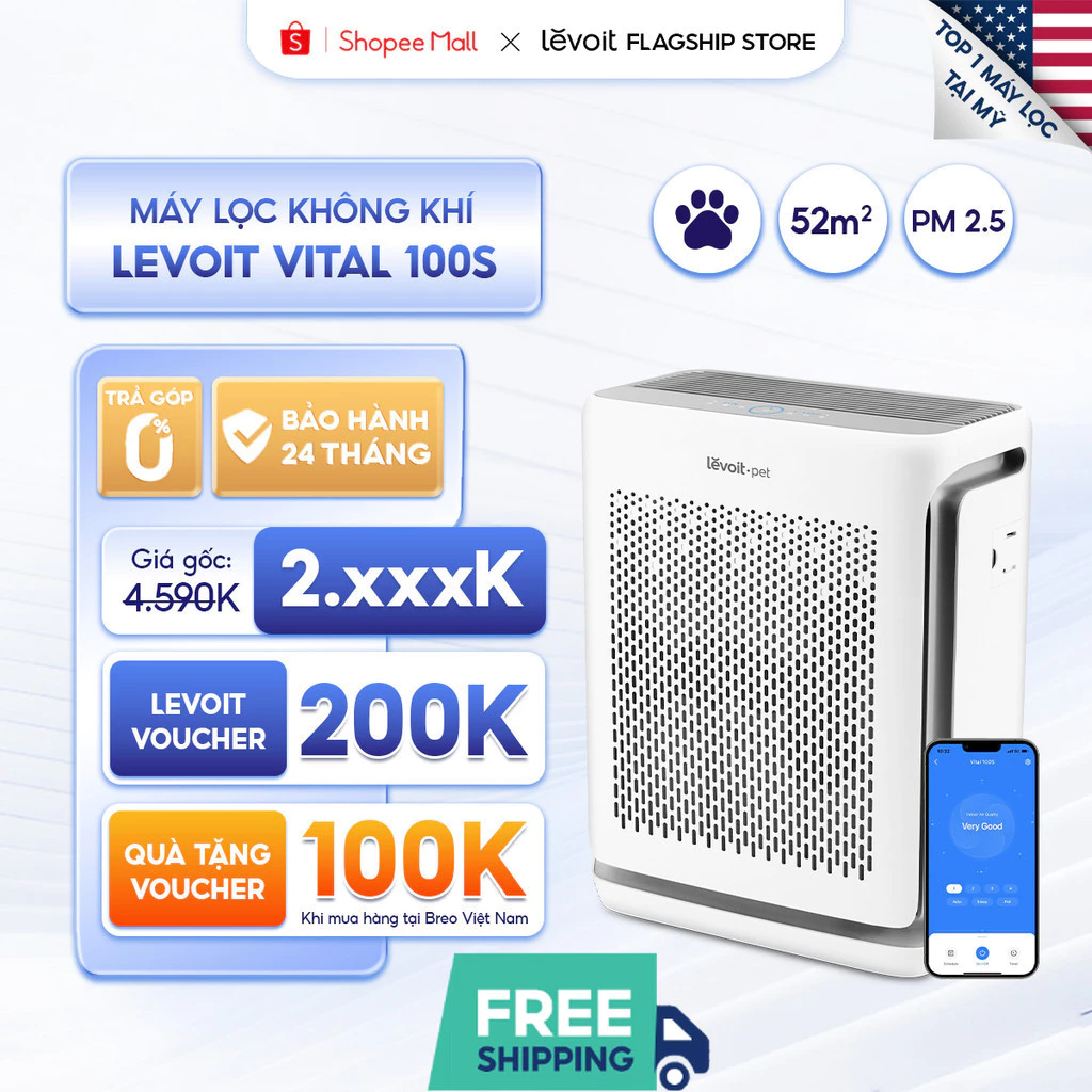 Máy Lọc Không Khí Levoit Vital 100S 52m2 | Lọc bụi mịn - Khử mùi, hút lông thú cưng - Đèn cảm biến chất lượng không khí