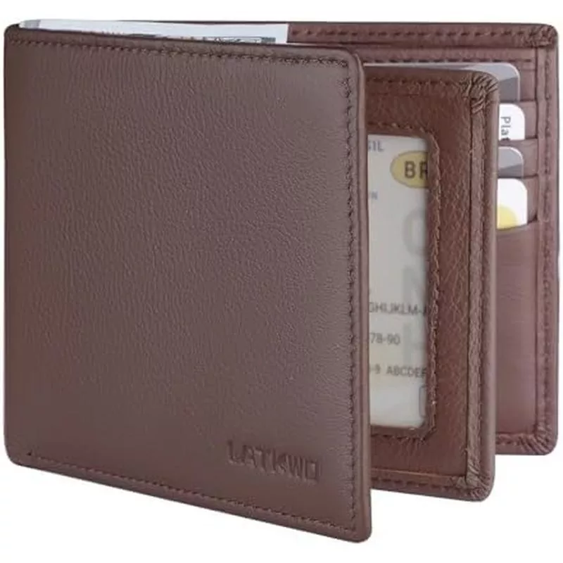 Ví Nam - Da Thật Chính Hãng Bifold RFID Chặn Slim Front Pocket Dung Tích Lớn Với 10 Khe Cắm Thẻ, 2 ID Windows &amp; 2 Túi Đựng Tiền - Quà Tặng Khâu Hạng Nặng Cho Nam (Đen)