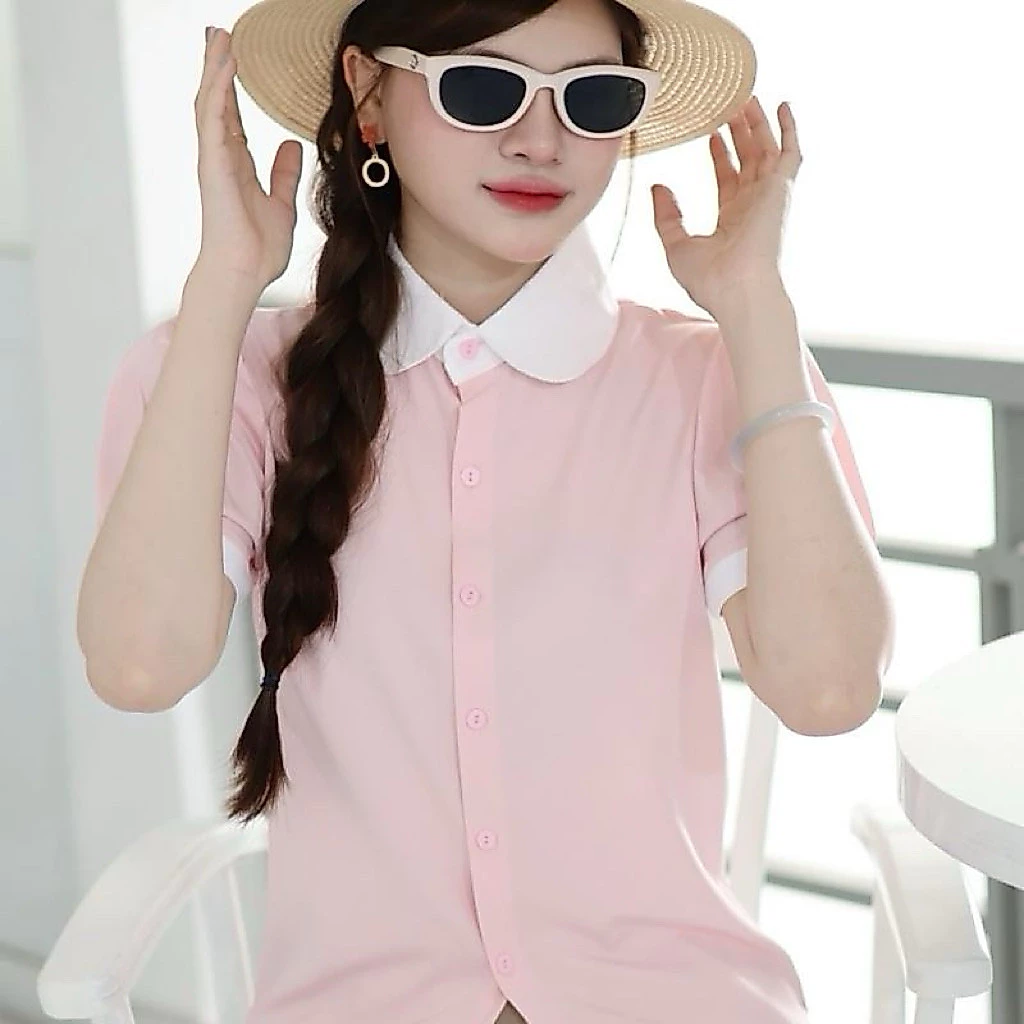 Áo sơ mi nữ trơn ngắn tay , chất vải mềm mịn cổ phối trắng cực xinh AM90