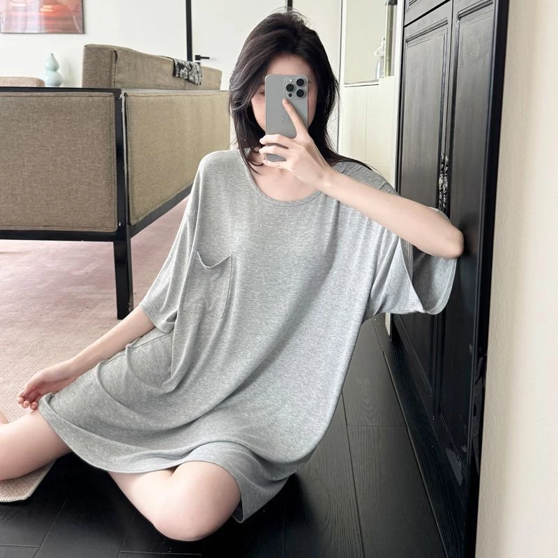 Bộ Đồ Ngủ Nữ Modal Tay Ngắn, Váy Ngủ Gợi Cảm, Kích Thước Lớn, Thiết Kế Đơn Giản Màu Trơn Cho Mùa Hè