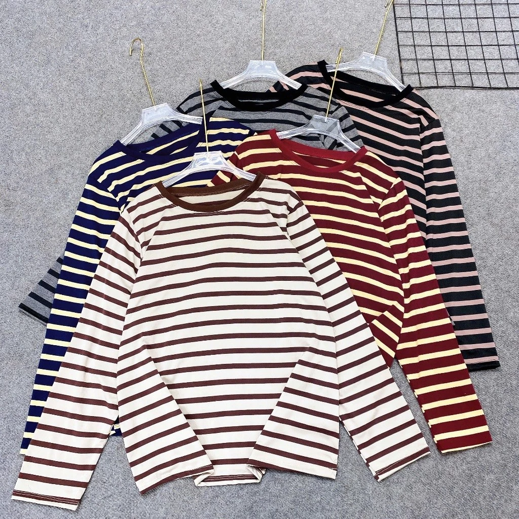 [50-100kg]Áo Thun Kẻ Sọc Ngang Form Rộng Cho Nữ Chubby Vải Cotton Co Giãn Thoáng Mát A311
