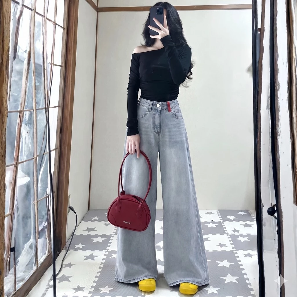 Quần Jean Nữ Cạp Cao RINAA Phối Line Đỏ Ống Suông 26-30cm, Quần Bò Form Rộng Thời Trang Hack Dáng Dài 95- 100cm