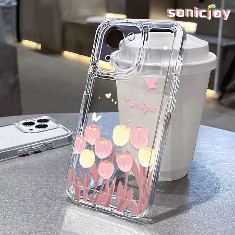 Ốp Điện Thoại Hoa Tulip Hồng Thích Hợp Cho IPhone 11 12 13 14 15 16 Pro Max X XR XS Max 7Plus 8Plus Ốp Silicon Trong Suốt Thời Trang-SY