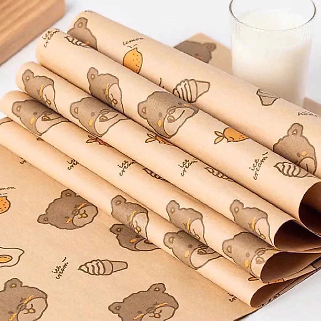 giấy báo gấu chanh k thấm dầu 28x38cm, giấy nến lót bánh mì, bento 100 tờ