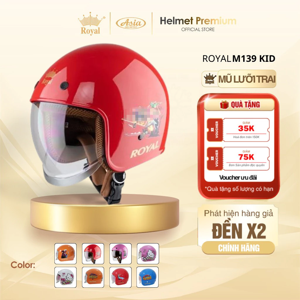 Mũ Bảo Hiểm 3/4 Royal M139 KID Size S 48,53cm Kính Âm, Nón Bảo Hiểm Chống Nắng, An Toàn, Chính hãng