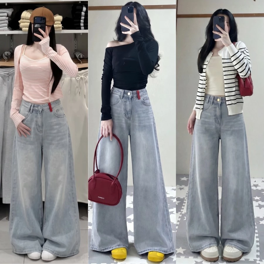 Quần Jean Nữ Phối Lai Đỏ Ống Suông Rộng 26- 30cm NAGUU, Quần Bò Cạp Cao Tôn Dáng Có Size Cho Nấm Lùn