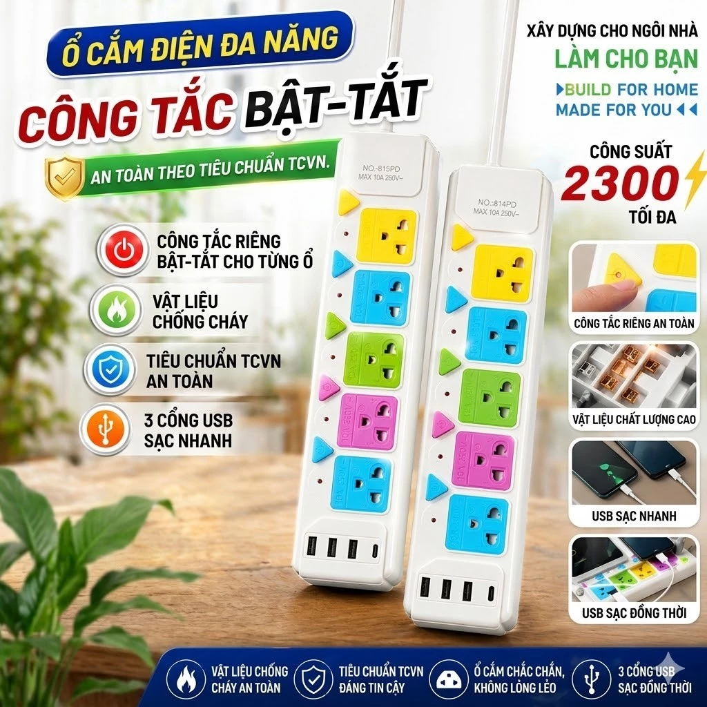Ổ Cắm Điện Đa Năng 2300W - Tích Hợp 3 Cổng USB 1 Type-C Chống Cháy Nổ ✨Luyoo24.vn✨