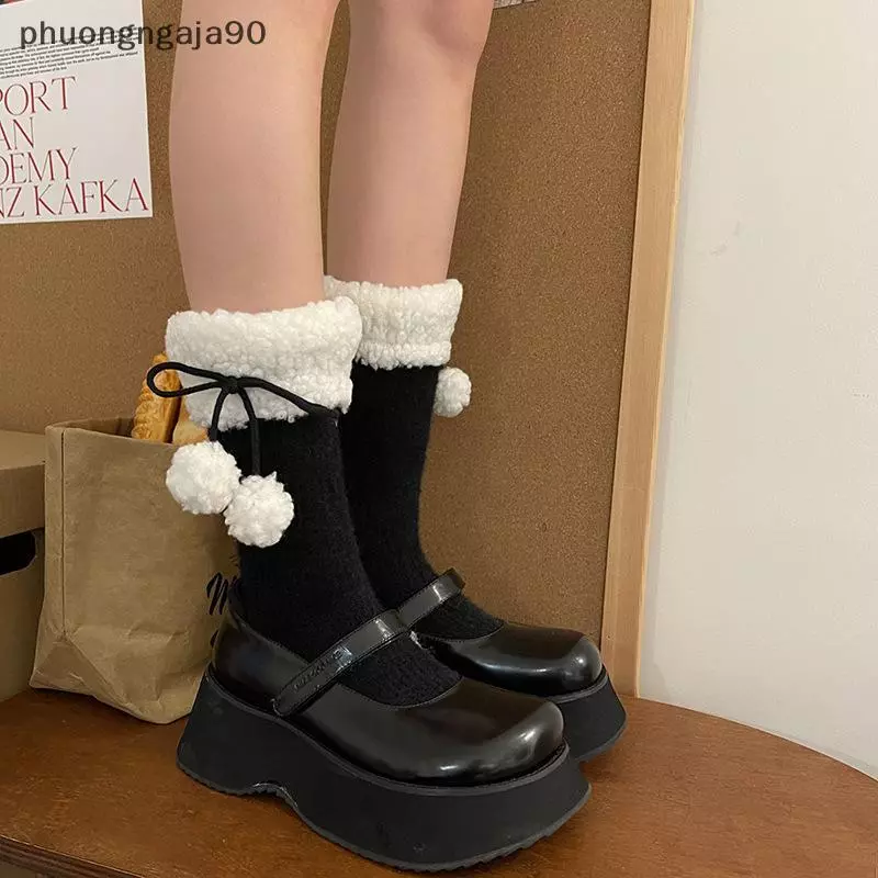 Dễ Thương Chống Trượt Vớ Ấm Tóc Bóng Bowknot Mắt Cá Chân Vớ Cừu Lông Cừu Ống Giữa Đống Vớ