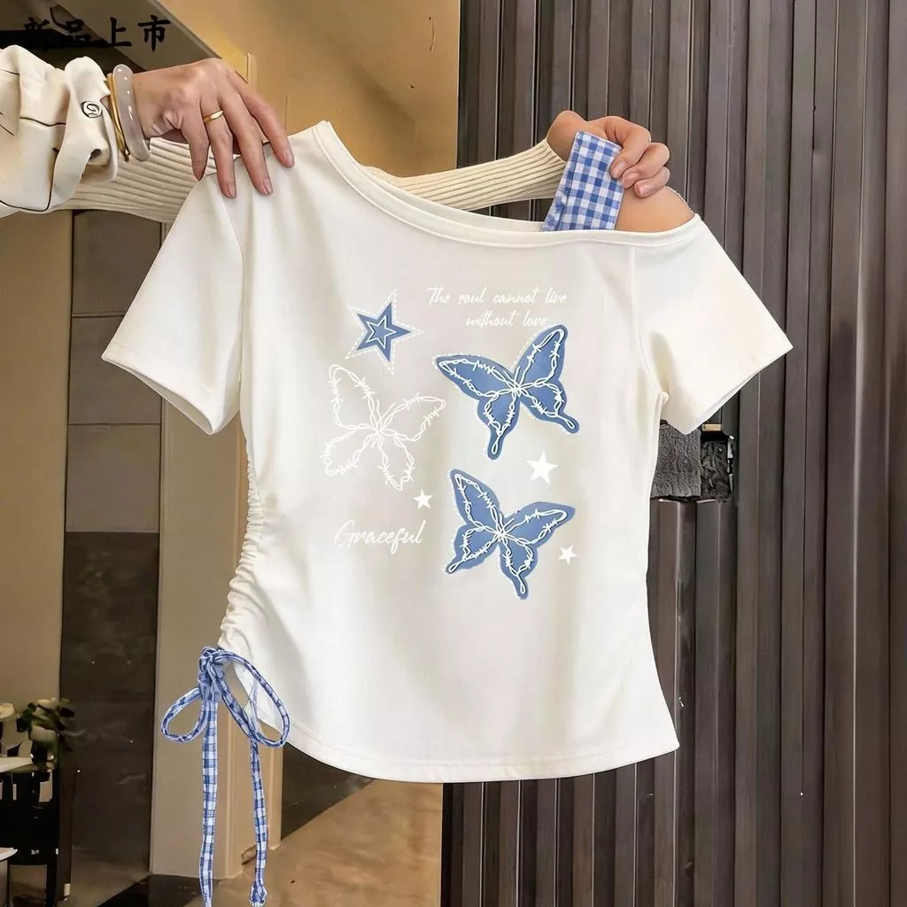 Áo thun bé gái cotton trắng tay ngắn lệch vai in hình bướm - áo mùa hè thời trang dễ thương