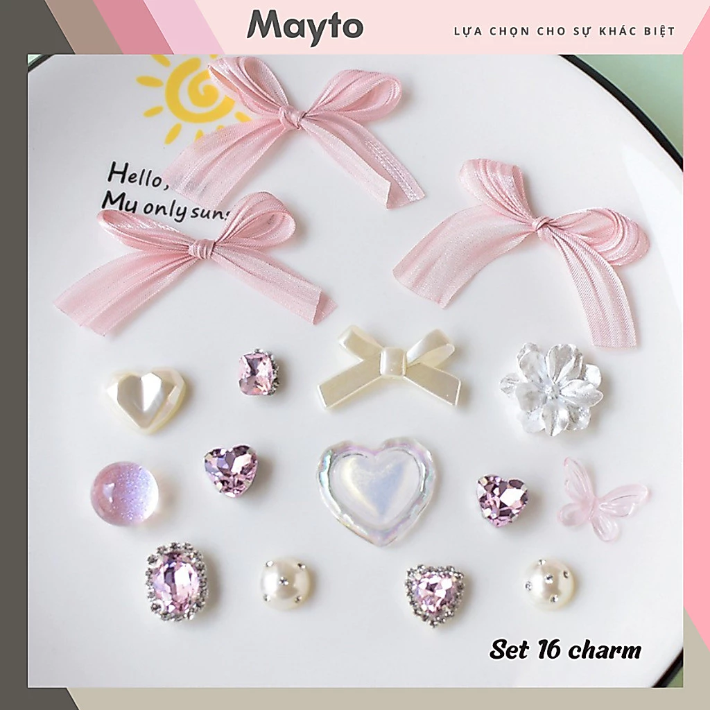 Bộ 16 Sticker, Charm 3D chủ đề Nơ voan ruby nhựa cứng gắn Dép Sục, Cá Sấu MayTo JB-400