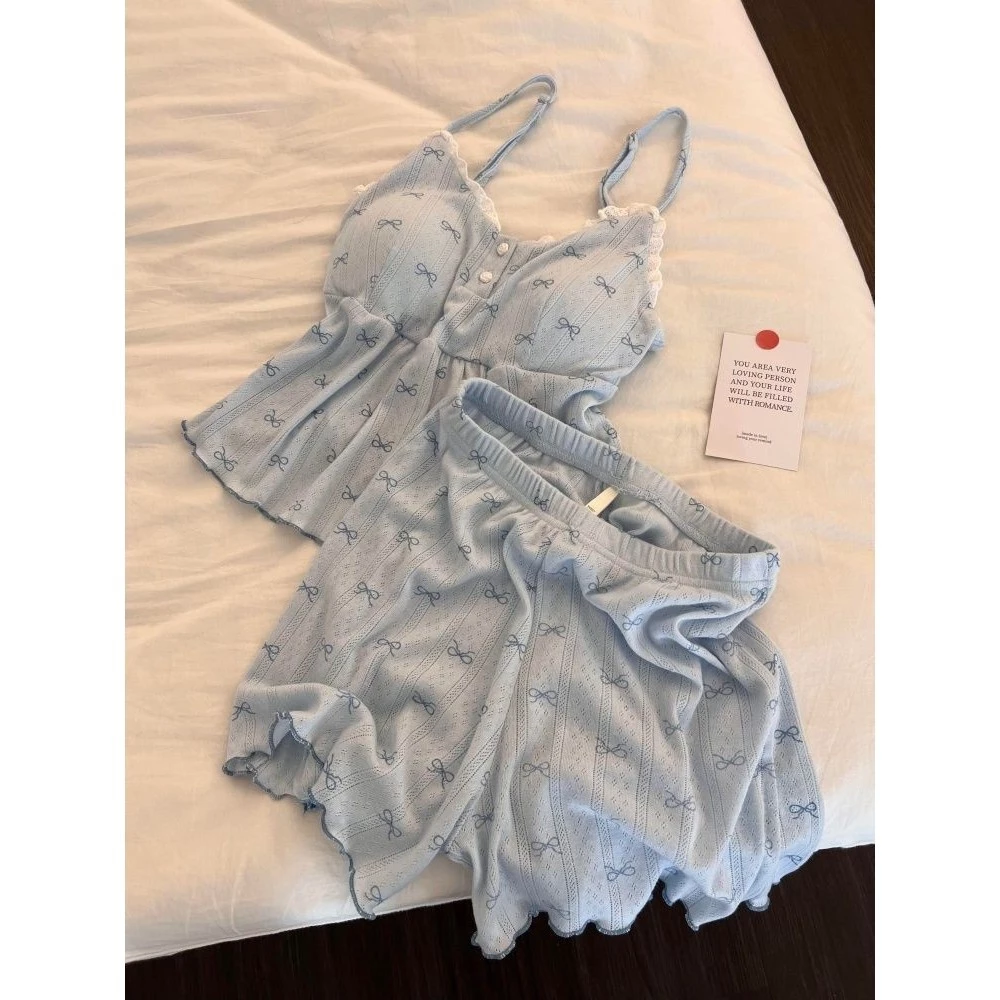 [-Order]-Nơ Pháp In Hình Sling Bộ Đồ Ngủ Nữ Ren Áo Quần Short Loungewear Suit Có Thể Mặc Bên Ngoài