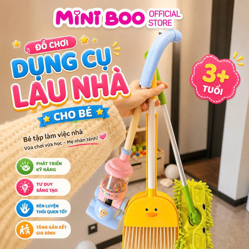 Bộ dụng cụ lau dọn nhà cho bé phong cách Hàn Quốc, bộ chổi vịt kèm hót rác cây lau nhà hút bụi cho bé tập làm việc nhà