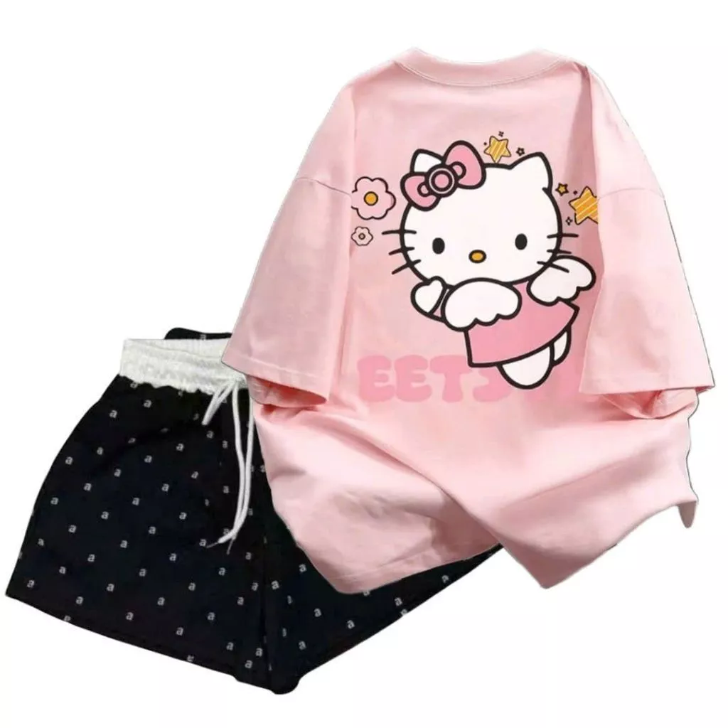 Sét đồ mùa hè siêu  thoải mái Quần đùi cộc chữ Aaa dáng ngắn đen + phông su cotton hình hoạt hình