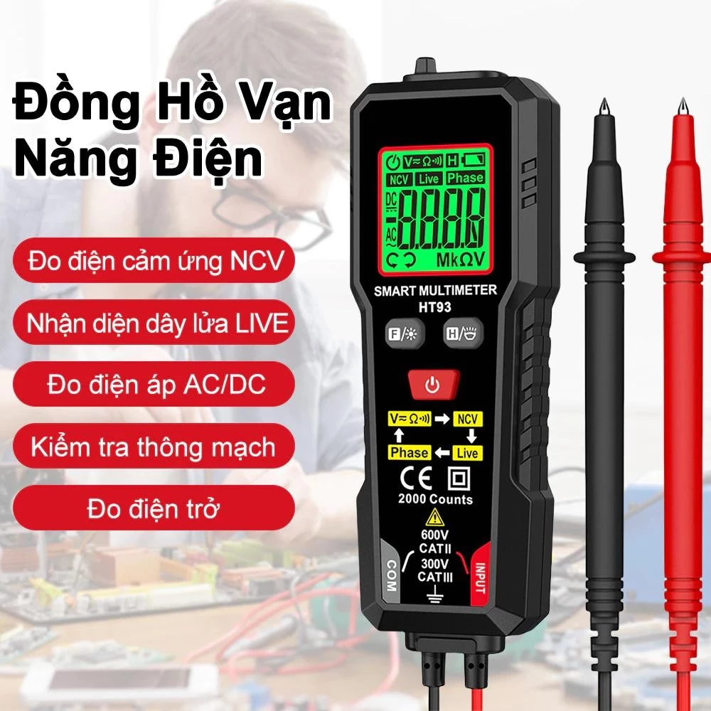 HT93 Máy đo điện áp vạn năng kỹ thuật số thông minh 2000 Máy đo điện áp đếm NCV