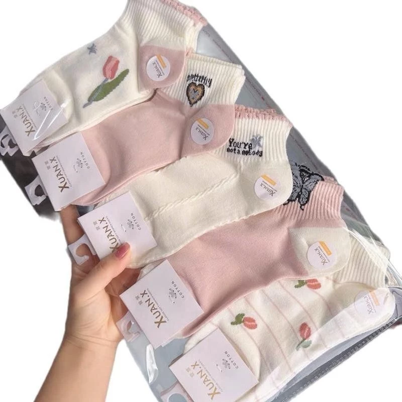 Set 10 đôi tất nữ cổ ngắn dệt kim in hoạ tiết dễ thương thời trang tất vớ nữ cotton thấm hút mồ hôi
