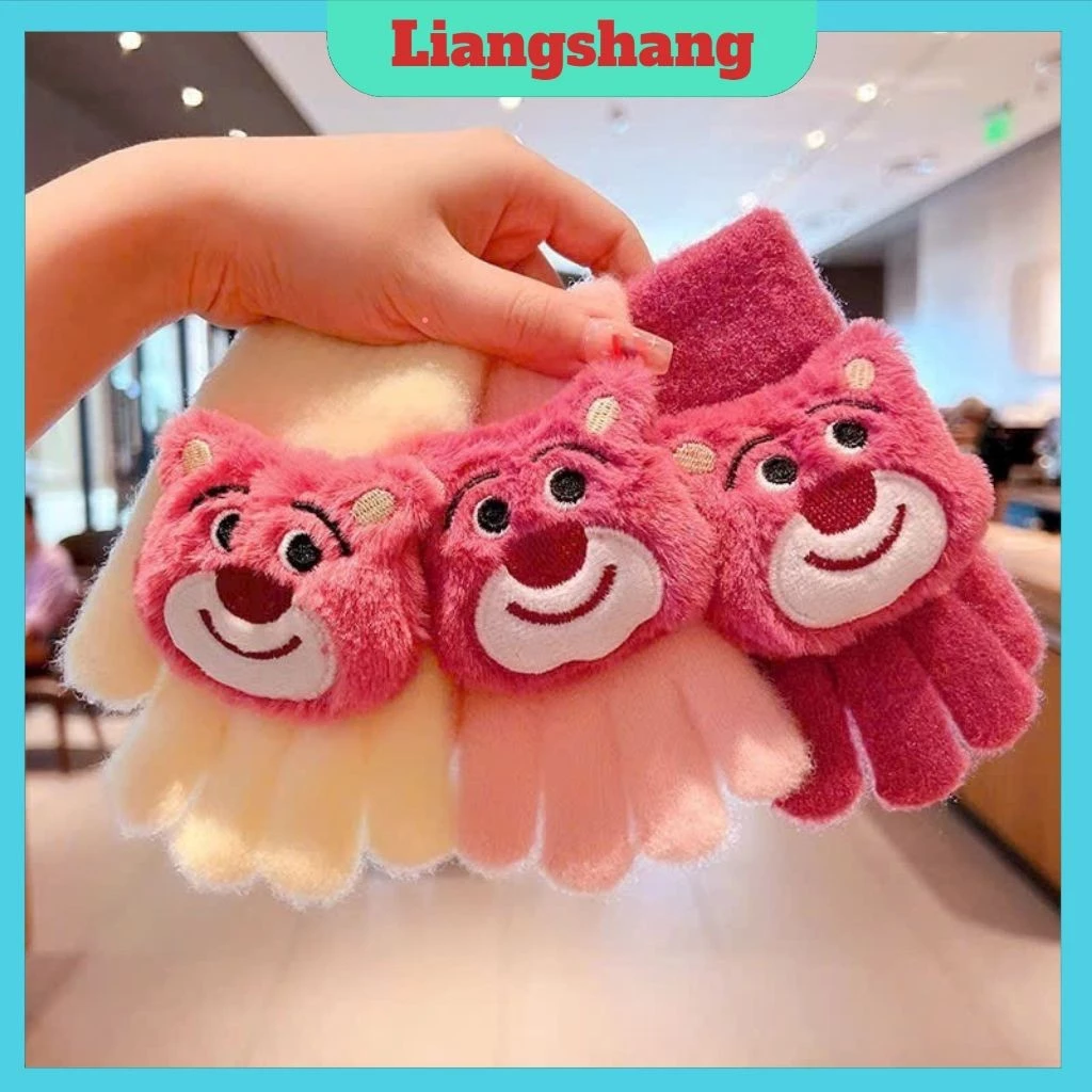 Găng tay len gấu dâu - Găng Tay Giữ Ấm Mùa Đông Họa Tiết Gấu Dâu Tây Cho Bé Gái 3-8 Tuổi