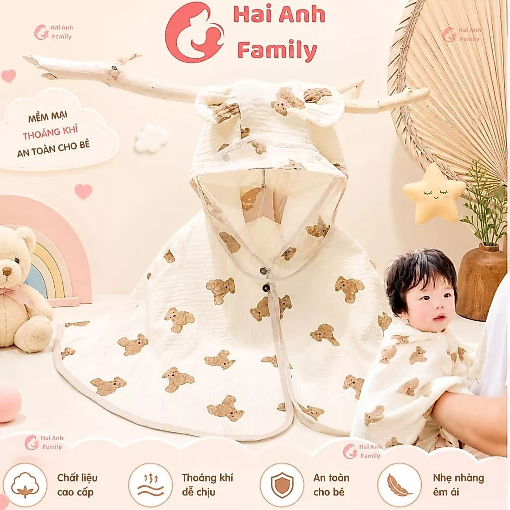 Áo choàng xô muslin chống nắng có kính chắn giọt bắn mềm mại, an toàn cho bé