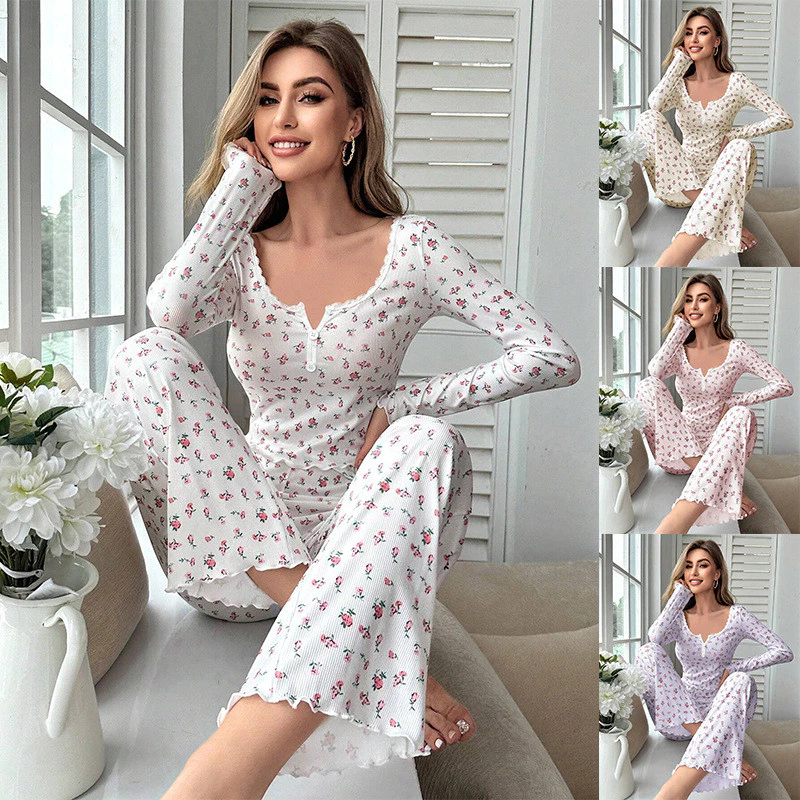 Bộ đồ ngủ nữ tay dài họa tiết hoa, phong cách châu Âu - Mỹ, phù hợp làm loungewear