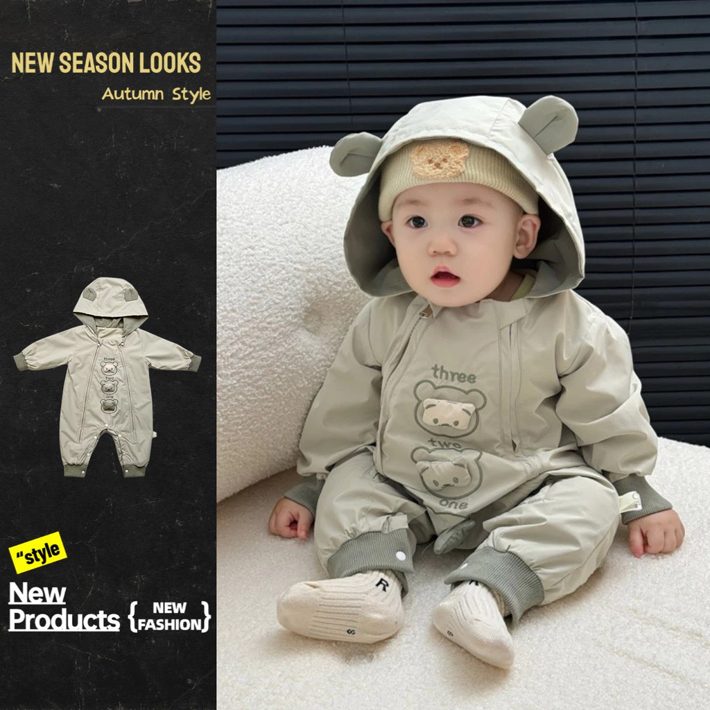 Thu Đông Mới Quần Áo Cho Bé Trai Bé Gái Hai Lớp Dài Tay Body Có Mũ 0-36 Tháng Lớp A Cotton Xanh Gấu Romper Phong Cách Hoạt Hình