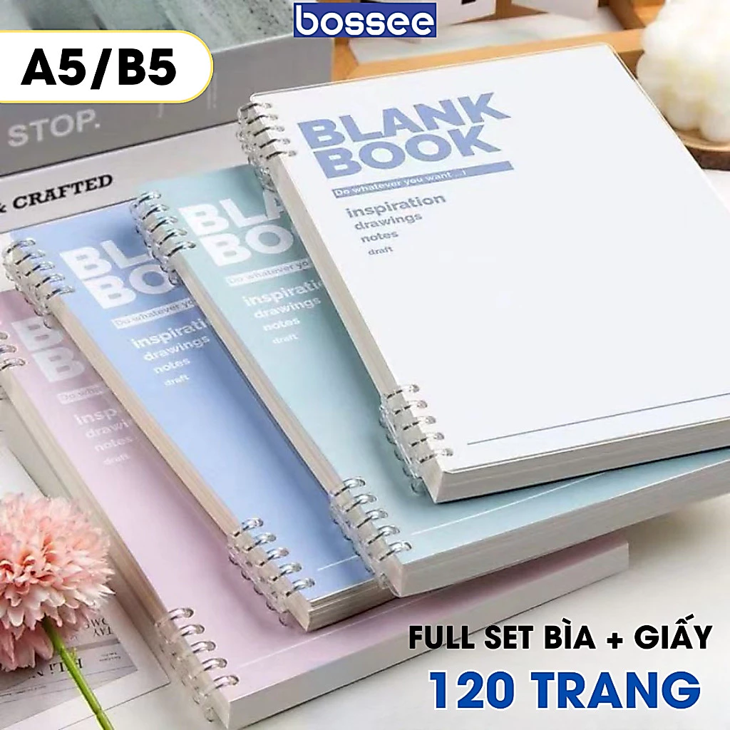 Sổ Còng 120 Trang Blank Book  A5/B5 - Sổ Bìa Nhựa Chống Bám Bẩn, Giấy Mịn Không Lem, Bìa 5 Màu Sắc Nổi Bật _ bossee