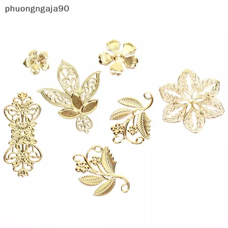 50pcs cổ điển kim loại lá Filigree hoa Slice Charms DIY Craft đồ trang sức làm
