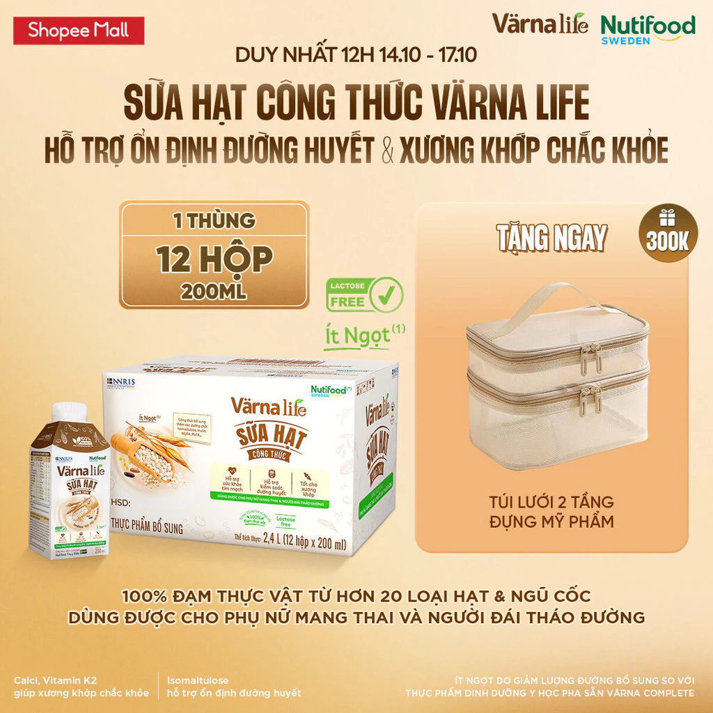 Thùng 12 hộp Varna Life thực phẩm bổ sung sữa hạt công thức pha sẵn (12 hộp giấy x 200ml)