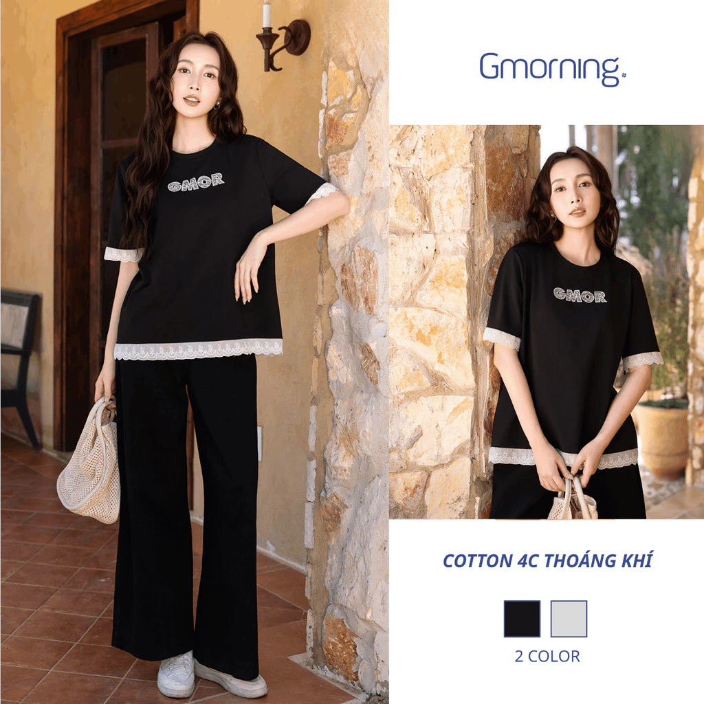 Áo Phông Nữ Form Suông Phối Ren Thêu Chữ GMOR Style Hàn Quốc Gmorning YATG04047