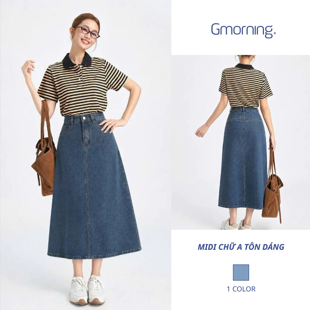 Chân Váy Jeans Midi Nữ Gmorning YVJF01071 Váy Denim Dáng A Dài Thoải Mái, Form Mềm Dễ Phối