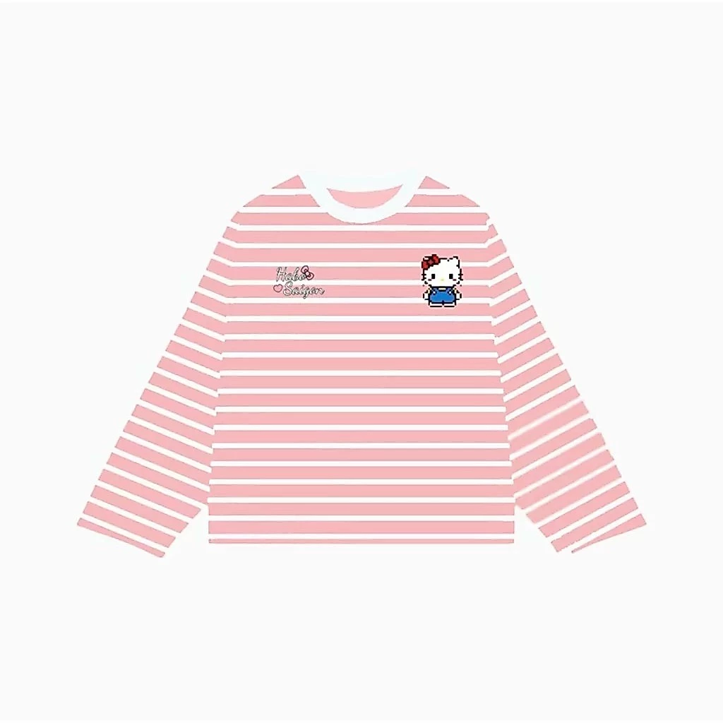 Áo Thun Kẻ Sọc Boxy,Áo Phông Sọc Ngang Cổ Tròn Chất Borip Striped Họa Tiết Mèo Nơ Nhiều Màu Dễ Thương
