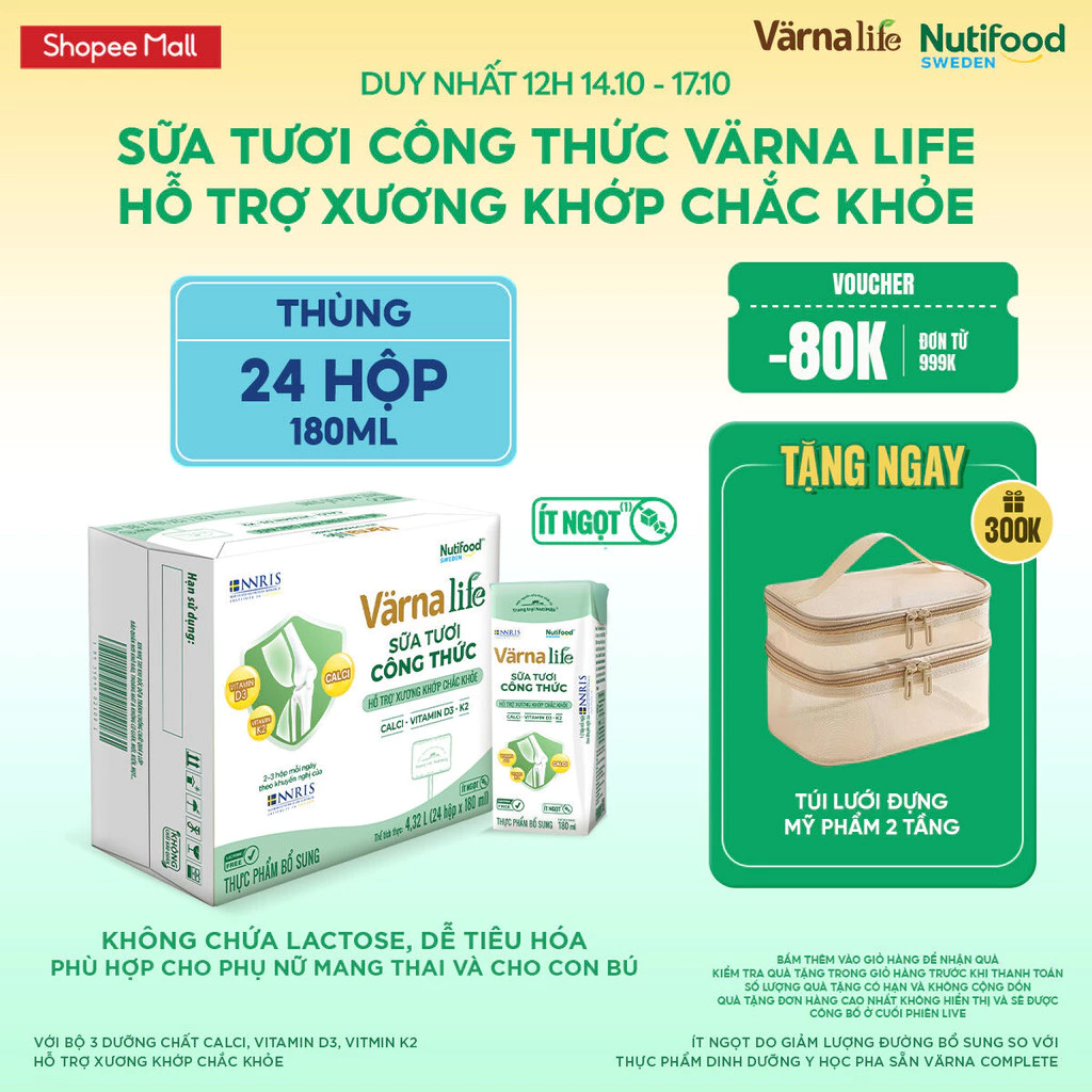 Thùng 24 hộp Varna Life sữa tươi công thức hỗ trợ xương khớp chắc khỏe (Xanh) ( 24 hộp x 180ml)