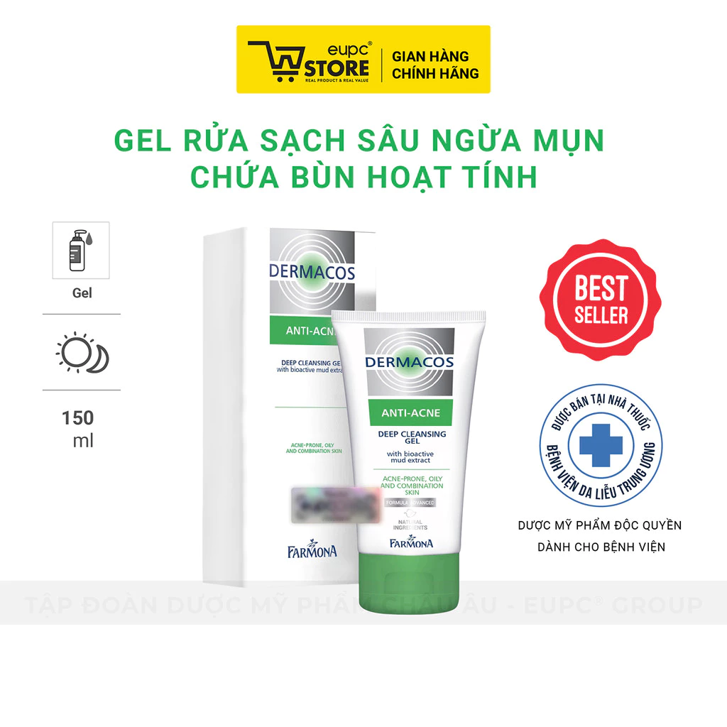 Sữa Rửa Mặt Farmona Dermacos Anti-Acne 150ml Dạng Gel Sạch Sâu Giảm Mụn Chứa Bùn Hoạt Tính Cho Da Hỗn Hợp, Nhạy Cảm