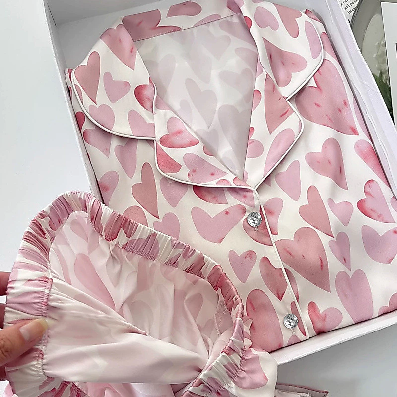[40-72.5kg]Vải lụa Polyester Bộ pijama tay dài cổ ve, quần dài cho phụ nữ, trang phục ở nhà đơn giản, bộ hai mảnh