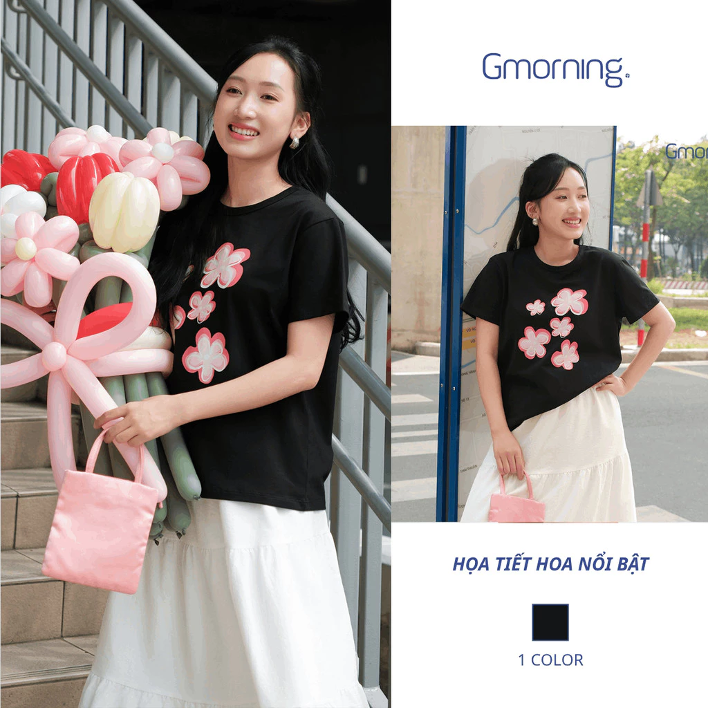 Áo thun in hoa trẻ trung năng động mùa hè màu đen Gmorning - YATG01032