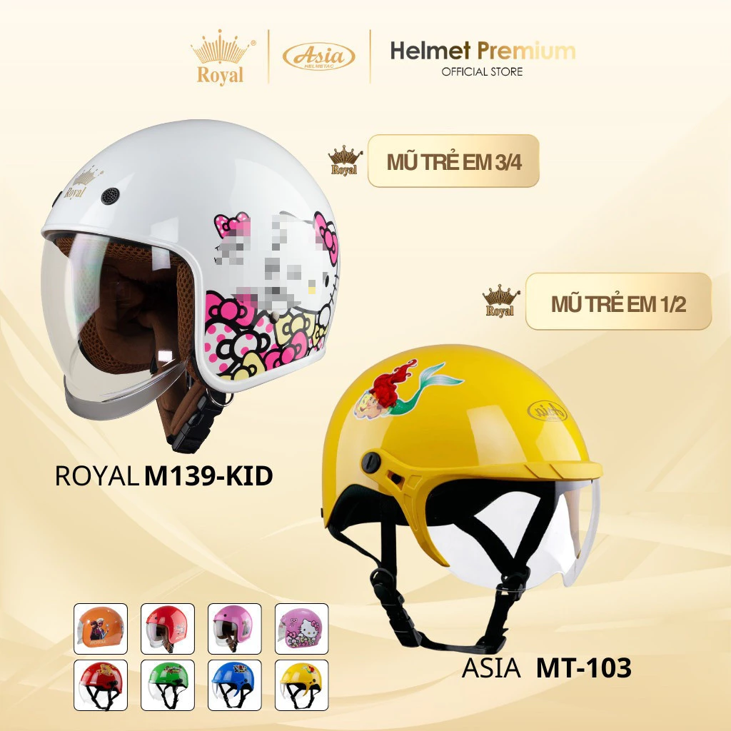 Mũ Bảo Hiểm Trẻ Em Royal M139 KID và Asia MT103 Chính Hãng, Chống Nắng, An Toàn, Bảo Hành 12 Tháng