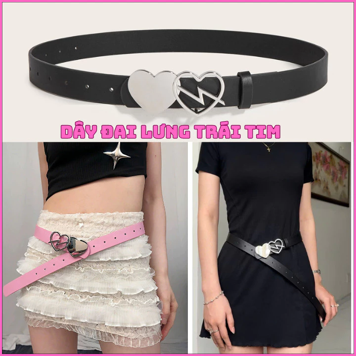 Dây đai lưng Y2K khóa trái tim ghép tráng gương bản 2.8cm da Pu phong cách Hàn Quốc OLL385