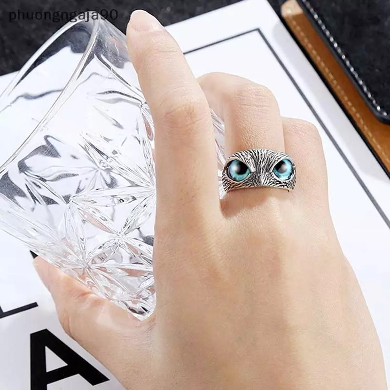 Cổ Điển Động Vật Mở Có Thể Điều Chỉnh Đôi Mắt Màu Xanh Owl Nhẫn Người Đàn Ông Và Phụ Nữ Đồ Trang Sức Bên Quà Tặng