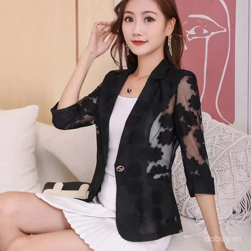 Nữ Hoa Sheer Lưới Blazer 3 / 4 Vòng Tay Đơn Nút Mỏng Chống Nắng Phù Hợp Với Áo Khoác