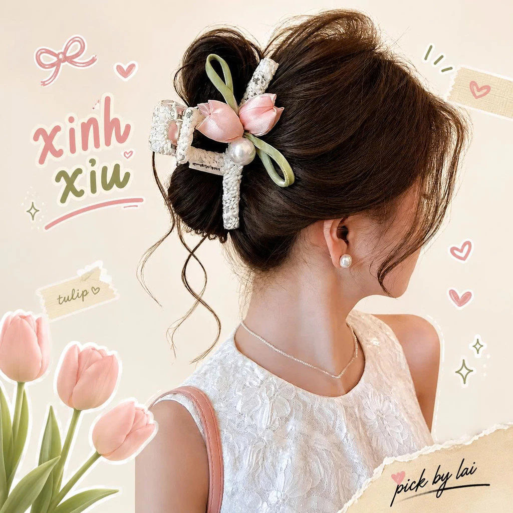 Kẹp Càng Cua Nơ Hoa Hàn Quốc Đính Ngọc Trai Kẹp Tóc Nữ Tulip Ren Thanh Lịch Búi Tóc