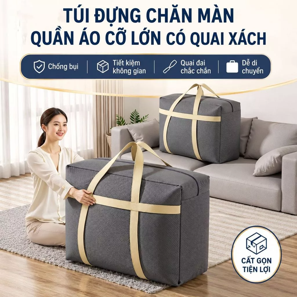 Túi đựng chăn màn quần áo cỡ lớn xám đen có quai xách vải dày chống bụi gấp gọn