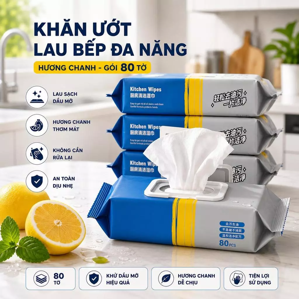 Khăn Ướt Lau Bếp Đa Năng Hương Chanh Gói 80 Tờ Lau Sạch Dầu Mỡ Bếp Ga Mặt Bàn An Toàn Tiện Lợi - GD353