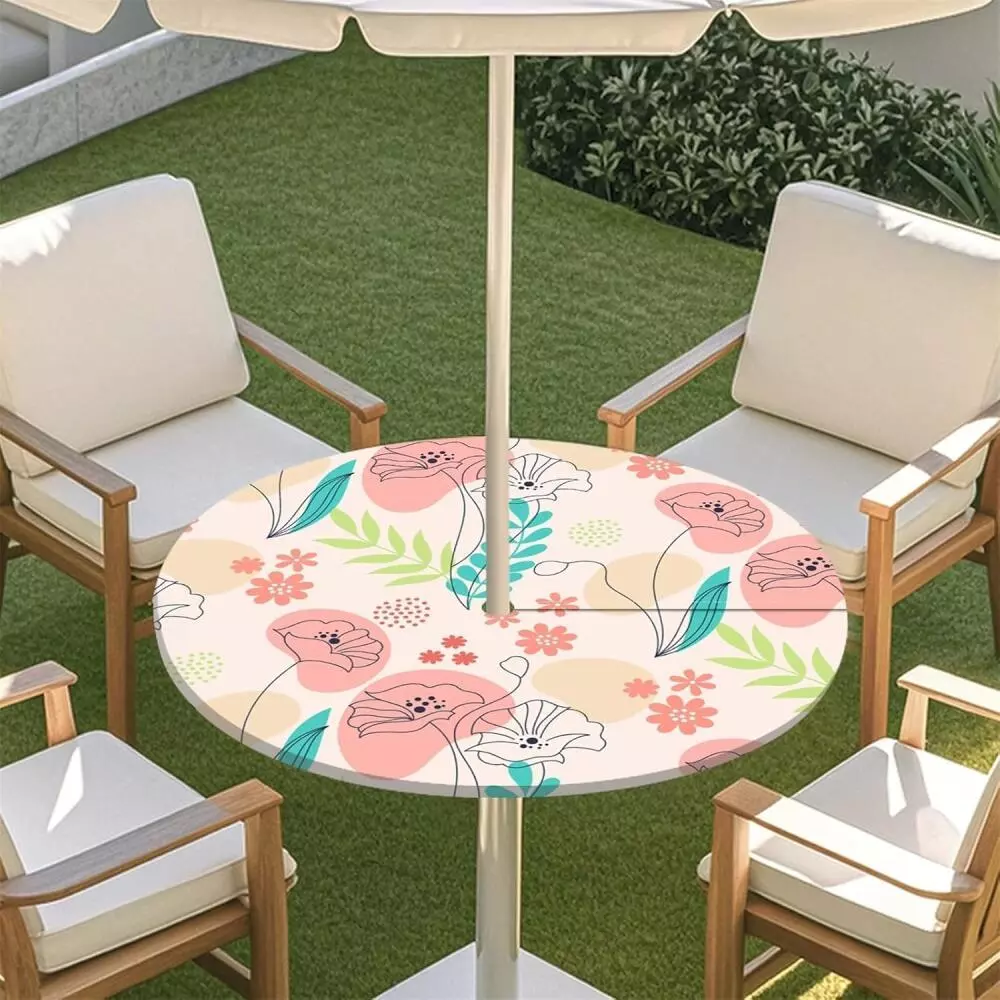 Khăn trải bàn tròn co giãn in hình cây có lỗ dây kéo & dù, Khăn trải bàn tái sử dụng sạch sẽ chống dầu cho bữa tiệc ngoài trời BBQ trong vườn