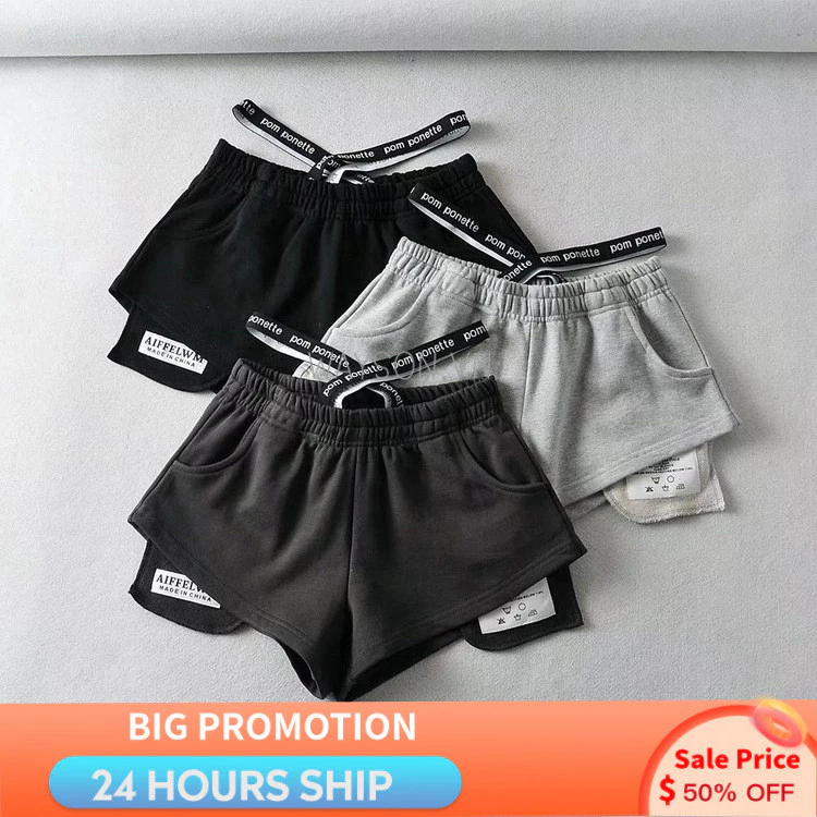 {READY STOCK} Quần Short Eo Cao Nữ Mùa Hè Co Giãn Eo Nẹp Rời Ống Rộng Quần Nóng Thông Thường