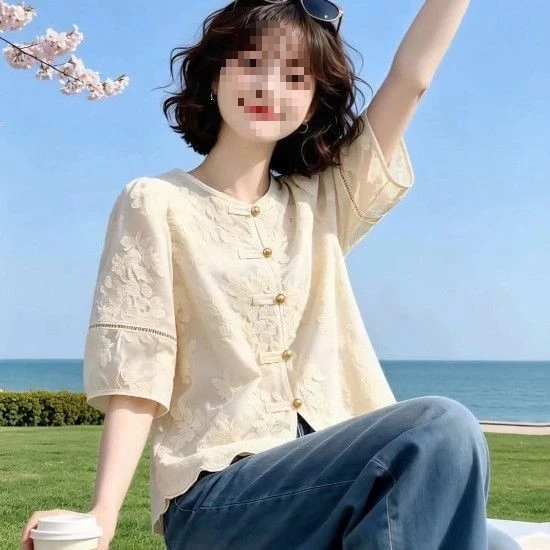 Phụ Nữ Mới Phong Cách Trung Hoa Áo Hoa Rỗng Ren Ếch Nút 3 / 4 Tay Rời Vintage Top