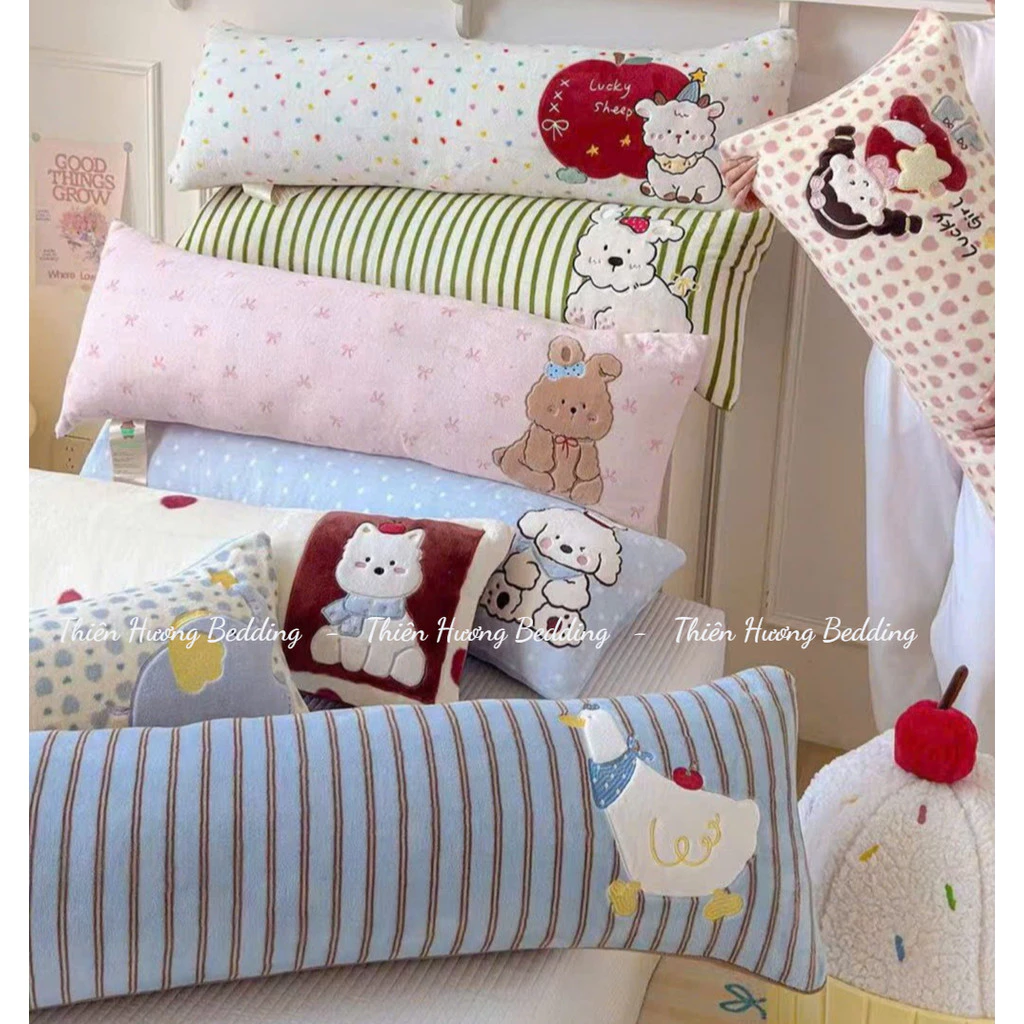 Gối Ôm Nỉ Nhung Đa Năng Thêu Hình Dễ Thương Kích Thước 40x120cm Vỏ Có Khóa Kéo Vệ Sinh Dễ Dàng